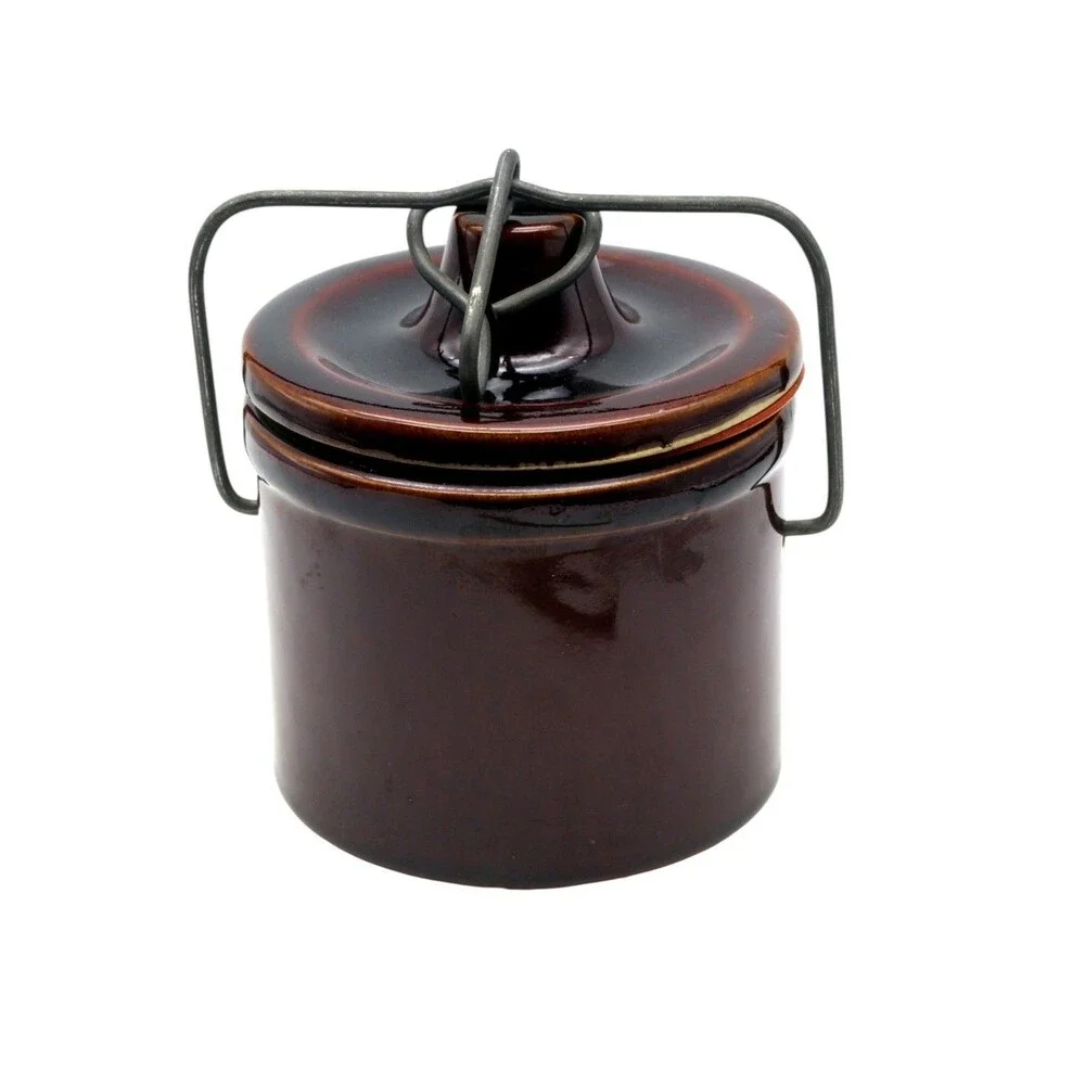Vintage Brown Glazed Stoneware Crock Jar with Wire Bale Clamp Lid Rubber Gasket